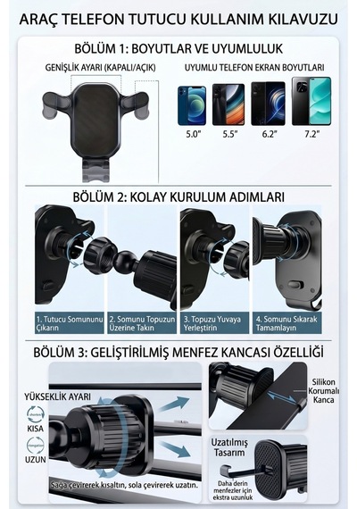 Izgara Telefon Tutucu - 360 Dönebilen Kancalı Tüm Telefonlara Uyumlu Araç İçi Telefon Tutucu Siyah