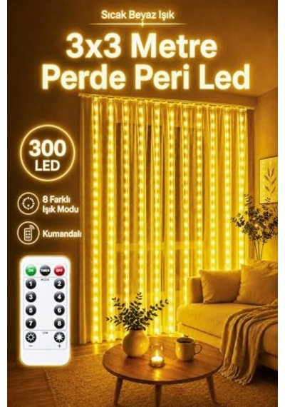 8 Mod Perde Ledi 300 Led 3x3m 10 Sarkıt Led Yılbaşı Oda Dekoru Kumandalı Peri Perde Led Diğer