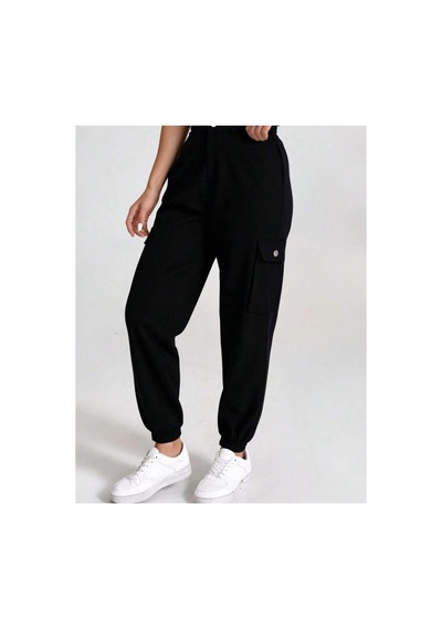 Kene Jeans Yüksek Bel Siyah Paça Lastik Kargo Cepketen Mom Pantolon Siyah