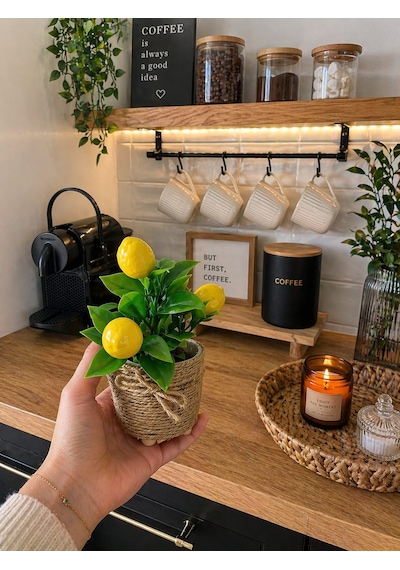 Mini Jüt İpli Saksı Yapay Papatya Limon Okaliptus Seti Dekoratif Şık Masa & Balkon Süsü Çok Renkli