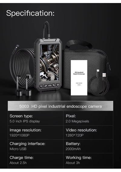 Anesok 5003-b 8mm Dual Lens 5 Metre Sert Kablo Endüstriyel Yılan Kamera