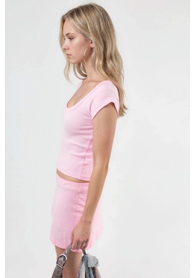 Hiccup Busem Slim Fit Ribana U Yaka Bluz Toz Pembe