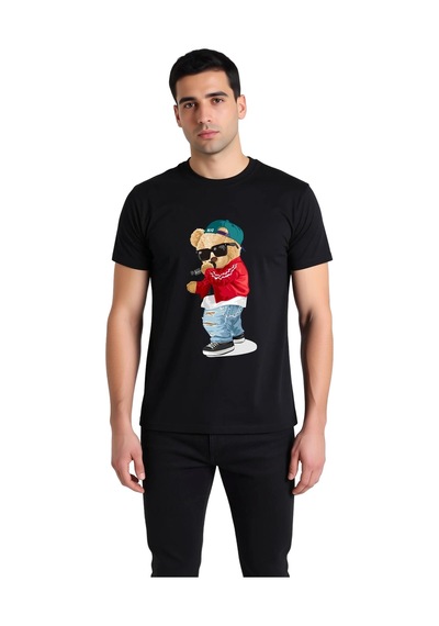 Paybuy Erkek Müzisyen Ayı Baskılı Tişört Sunglasses Şapka Mikrofon Grafi Siyah