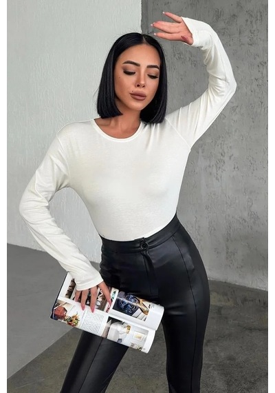 Rahat Ve Şık Uzun Kollu Bisiklet Yaka Likralı Viskon Penye Body Ekru Çok Renkli
