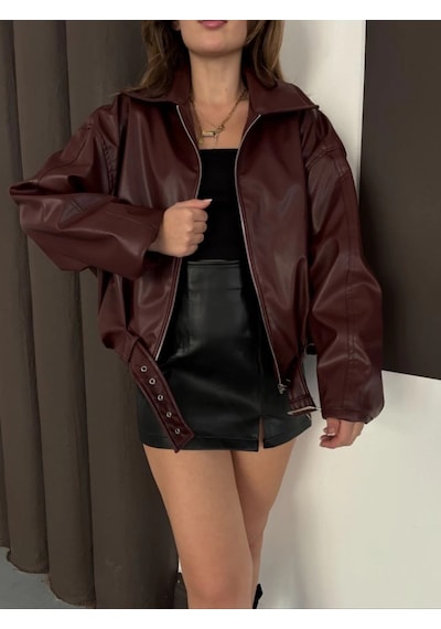 Astarlı Kemerli Pb Deri Ceket Bordo Onst Bordo