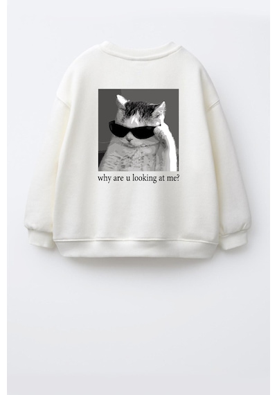 Monila Unisex Çocuk 3 İplik Kumaş Pamuklu Sırt Baskılı Sweatshirt Ekru