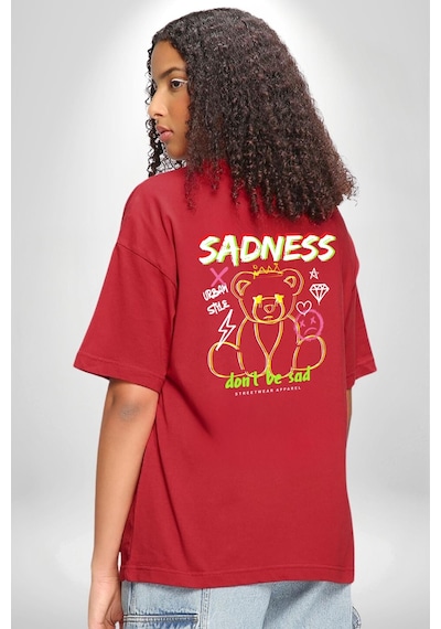 Üzüntü Üzülme Kırmızı Oversize Unisex Ön Ve Sırt Baskılı Tişört Kırmızı
