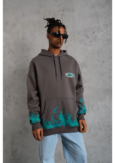 Erkek 3 İplik Pamuklu Alev Baskılı Kapüşonlu Hoodie Sweatshirt - Gri