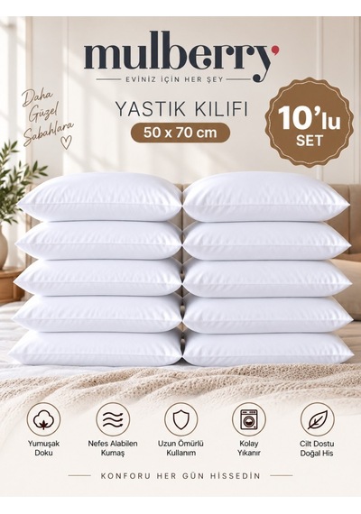 10'lu Yastık Kılıfı 50x70 Cm Beyaz Premium Kalite Yastık Kılıfı Seti