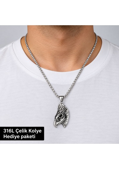 316l Çelik Erkek Kolye Kartal Başı Figürlü İşlemeli Zincirli Güçlü Tasarım Altın - Gümüş