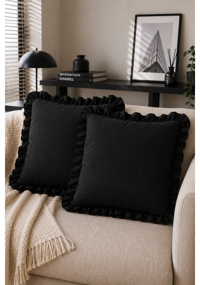 2 Li Siyah Fırfırlı Dekoratif Kırlent Kılıfı %100 Pamuk 45x45 Cm
