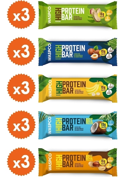 Waspco Yüksek Protein Bar Karma Kutu 50 G - 5 Çeşit  - 15 Adet