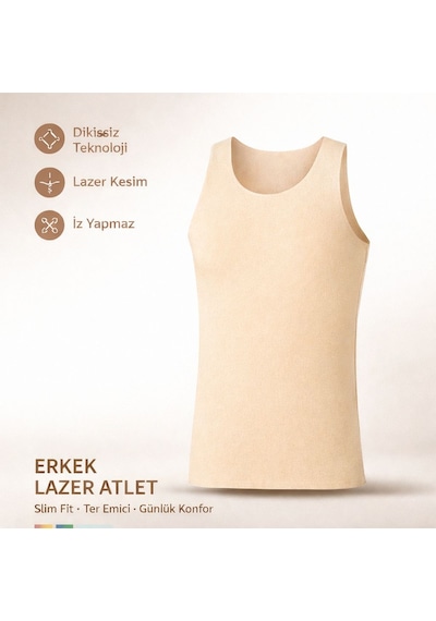 Qulat Berrak Erkek Lazer Kesim Görünmez Dikişsiz Atlet %85 Pamuk %15 Elastan Slim Fit İz Yapmaz/ 2 Adet Bej