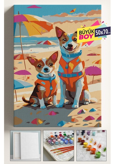 Sayılarla Boyama Seti Numaralı Tuval Fırça Boya Dahil Kasnaklı Set 50x70 Cm - Plaj Köpek