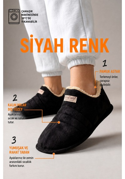 Stwenn Unisex Şık Kışlık Ev Terliği İçi Peluş Sıcak Tutan Kapalı Panduf Yumuşak Tabanlı Hafif Rahat Ev Botu Siyah