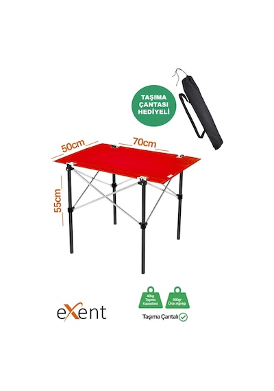Exent 50x70 Cm Kamp Masası Katlanabilir Masa, Piknik Masası, Siyah Taşıma Çantalı-kırmızı Çok Renkli
