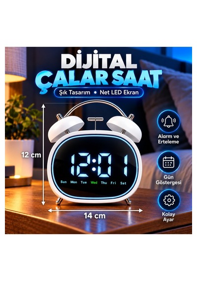Led Ekranlı Dijital Çalar Saat Alarm Erteleme Gün Göstergeli Şık Tasarım 14x12 Cm Dijital Metal Çalar Saat Pil Beyaz