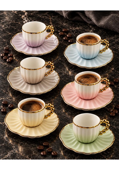 Valkyrie Perla Serisi 6 Kişilik 12 Parça Porselen Türk Kahvesi Fincan Takımı Pastel Gold Renkli çok renkli