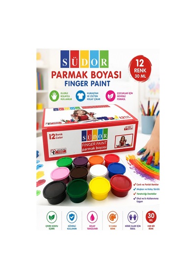 Parmak Boya 12 Renk 1 Adet Südor 25 Ml 12 Li Parmak Boyası Resim Dersi Su Bazlı Resim Okul Öncesi Kreş Anasınıfı Çok Renkli
