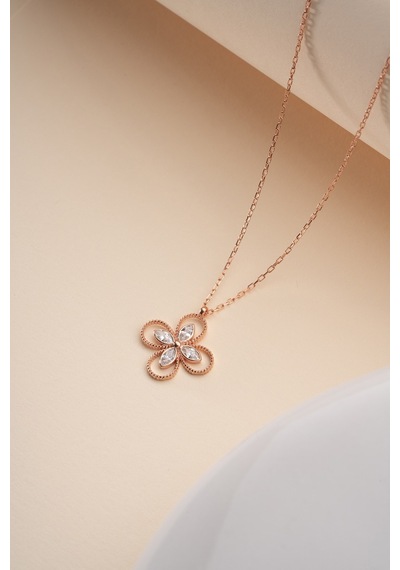 925 Ayar Gümüş Rose Kaplama Beyaz Taşlı 4 Yapraklı Yonca Kolye Rose Gold