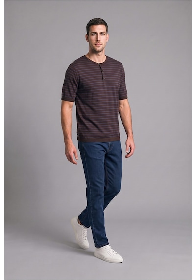Defacto %100 Pamuk Standart Fit Henley Yaka Çizgili Kısa Kollu Triko Tişört I2753ax26hsbn534 Kahve-bn534