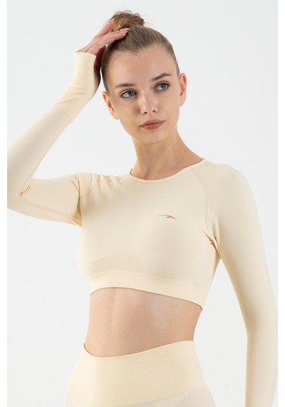 Maraton Active Slimfit Kadın Bisiklet Yaka Uzun Kol Training Ekru Crop Top 816005 Ekru