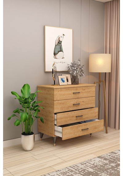 Asra Trend 4 Çekmeceli Şifonyer ŞF-02 %100 MDF Geniş Saklama Ünitesi Safir Meşe