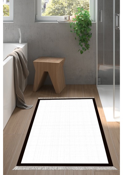 Kaymaz Taban Djt Banyo Mutfak Salon Halı Trend Saçaklı Dokuma Desen E5007 Gri Beyaz