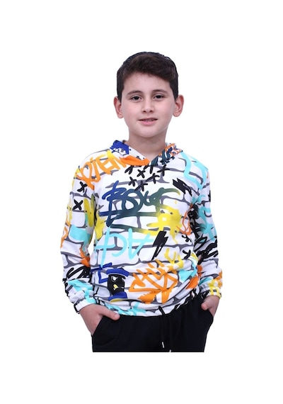 Fyk Kids Kapşonlu Desenli Unisex Sweatshirt Beyaz