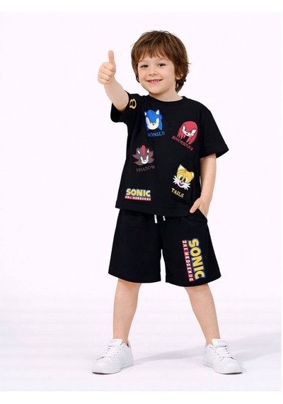 Miniko Kids Erkek Çocuk Sonic Modelli Pamuk Şortlu Takım Siyah