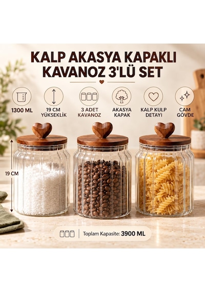 Kalp Akasya Kapaklı Cam Kavanoz Seti 3'lü 1300 Ml Kuru Gıda Kabı Diğer
