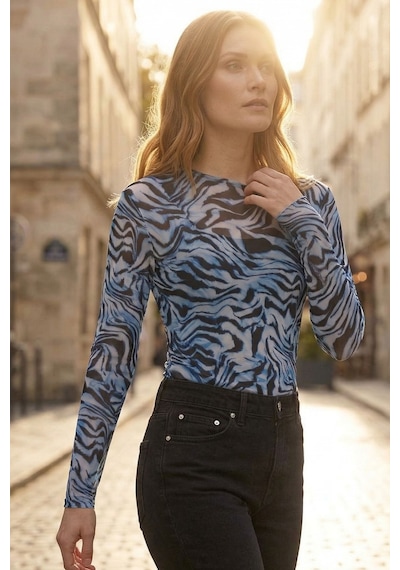 Kadın Mavi Leopar Desenli Transparan Bluz Tül Uzun Kollu Slim Fit Body