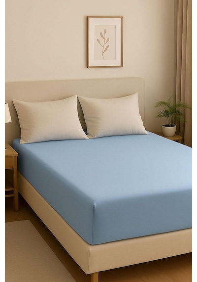 200 X 200 Cm Battal Boy Düz Pamuklu Çift Kişilik Lastikli Fitted Penye Çarşaf Mavi