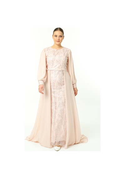 Ladies First Büyük Beden 3704 Pudra Uzun Abiye Elbise