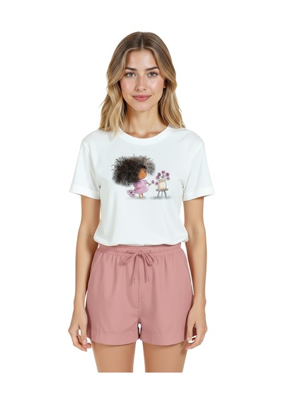 Kadın Beyaz Relaxed Fit %100 Pamuk Tişört Suluboya Kız & Çiçek Beyaz