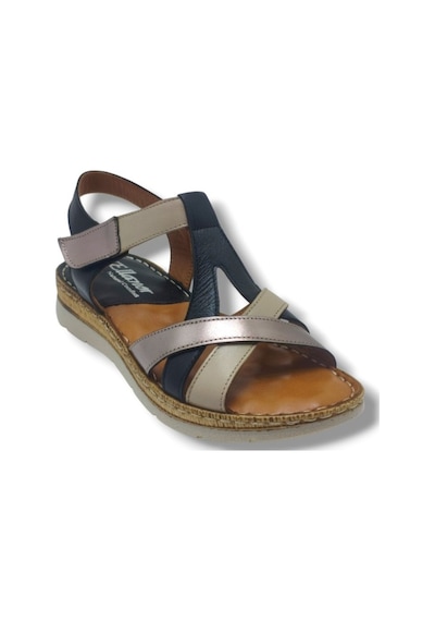 Ellanor S-553-26 Hakiki Deri Cırtlı Anatomik Taban Kadın Sandalet Siyah Bej Bronz