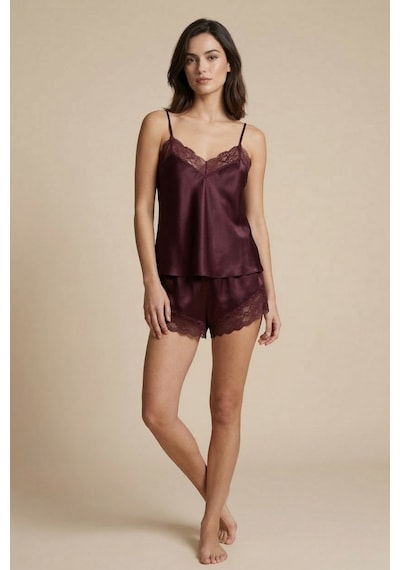 Bordo Dantelli İp Askılı Saten Şortlu Dokuma Pijama Takımı