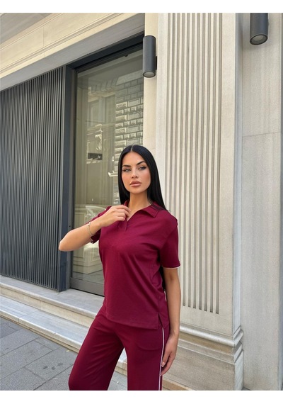 WeShaya Bordo Polyester Keten Polo Yaka Takım Bordo