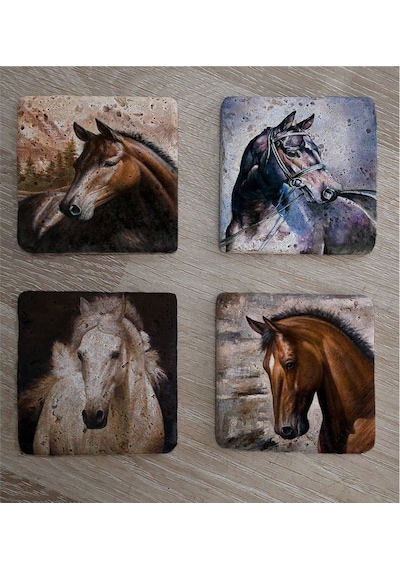 Atlar Doğal Taş Bardak Altlığı 4'lü Set - Natural Stone Coasters - Taş Çok Renkli