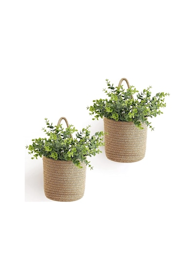 Mavaux Dekoratif Ikili Jüt Saplı Hasır Sepet Duvar Saksı 20cm X 20cm, Jüt Bej Saksılık, Dekoratif Havluluk Jüt