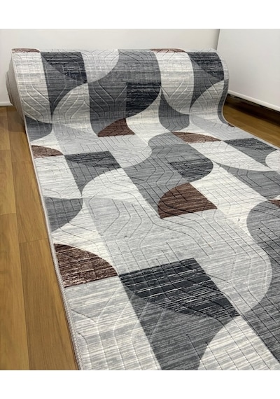 Kaymaz Taban Saçaklı Gri Kahve Modern Yıkanabilir Salon Mutfak Koridor Yolluk Halı Kahve - Gri