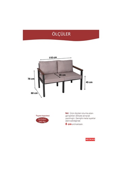 Neokas Bahce Mobilyası, Modern Balkon Mobilyası, Kafe Oturma Takımı, Teras Koltugu, 1 İkili Koltuk Gri Neokas Bahce Mobilyası, Modern Balkon Mobilyası, Kafe Oturma Takımı, Teras Koltugu, 1 İkili Koltuk Gri