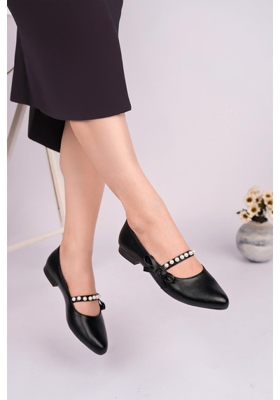 Nesilshoes Nesil Shoes Ceylan 360 Siyah İnci Detaylı Kadın Babet