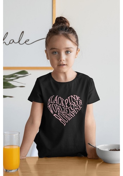 Sevbano Blackpink Kalp Baskılı Unisex Müzik Grubu Çocuk Tişört 1-12 Yaş Siyah