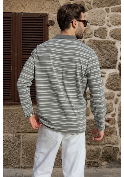 Madmext Gri Regular Fit Çizgili Polo Yaka Erkek Tişört E7192