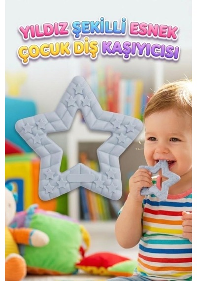 Yıldız Şekilli Esnek Bpa İçermeyen Kabartılı Pastel Renkli Oyuncak Bebek Diş Kaşıyıcısı Gri