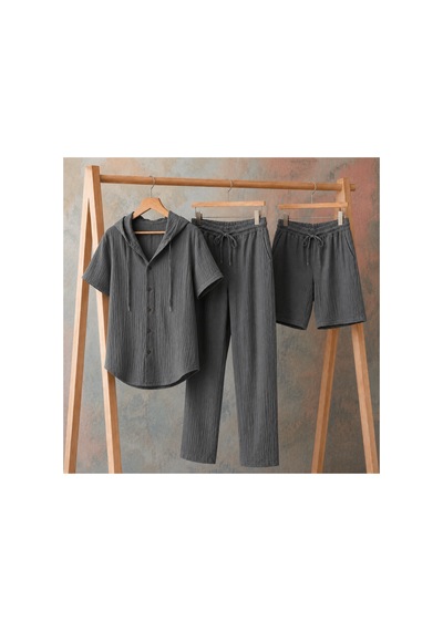 Erkek Müslin Kapşonlu 3'set Gömlek-şort-pantalon Gri