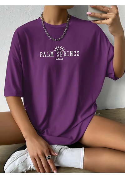 Palm Springs T-shirt - Mor Baskılı Oversize Bisiklet Yaka Kısa Kol Tişört Mor Palm Springs T-shirt - Mor Baskılı Oversize Bisiklet Yaka Kısa Kol Tişört Mor