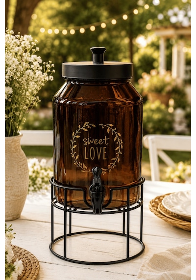 4 Litre Amber Cam Sebil Standlı Dispenser Musluklu İçecek Sunumluk Şerbetlik Kahverengi