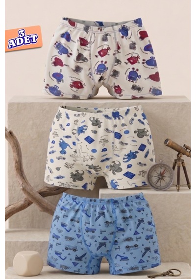 Andredimoda Erkek Çocuk Boxer Pamuklu Desenli Boxer 3'lü Paket Karışık Karışık